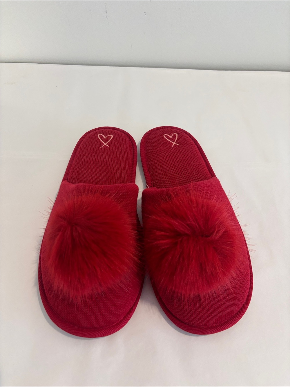 Victoria's Secret Red fuzzy Slide Slippers Pom poms sz medium 7/8 NEW WITH TAGS